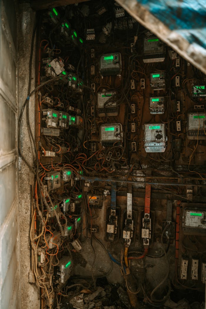 services-03 Intricate close-up of a tangled electrical panel with multiple meters and wires.